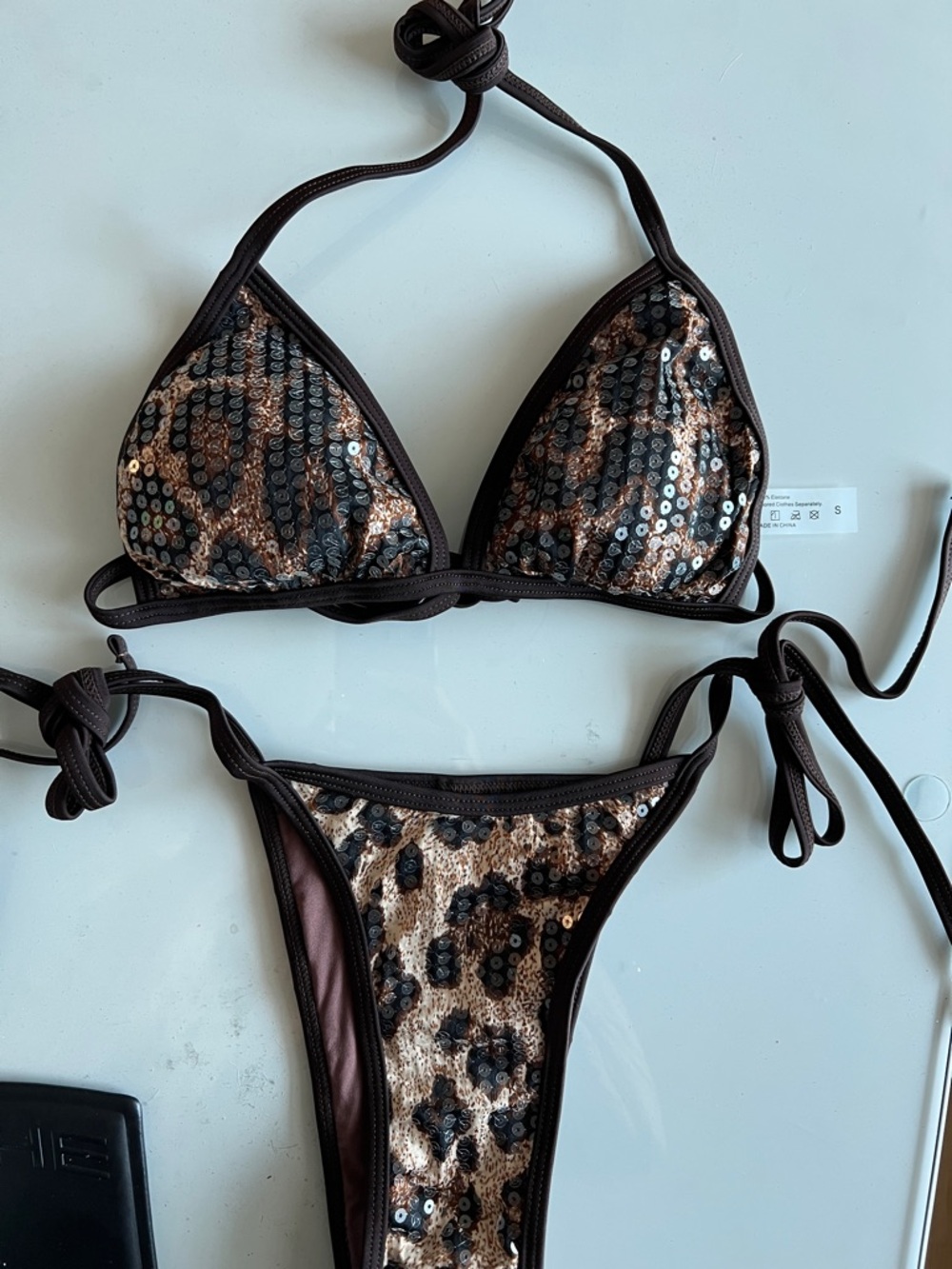 Brown Sequin Leopard Tie-Side Bikini - Women - Picture 2 of 8